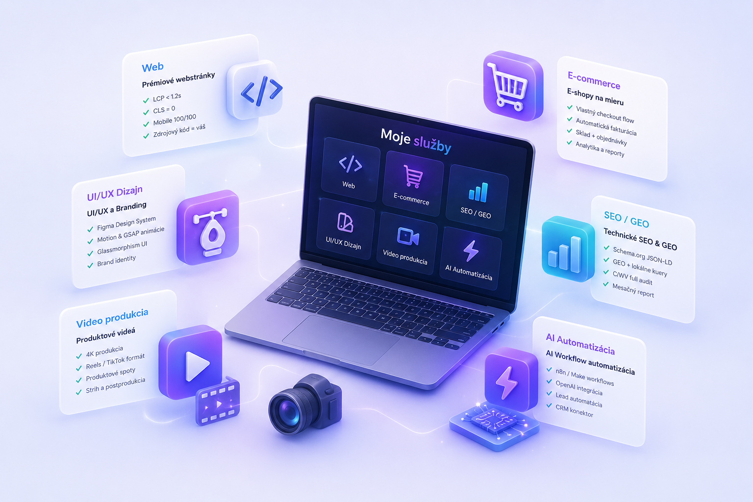 Ukážka prémiových digitálnych služieb – webstránky, AI automatizácia, video produkcia, e-shopy
